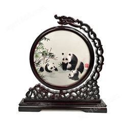 湖南传统手艺非遗手工刺绣双面绣熊猫屏风工艺品摆件 可送客户定做