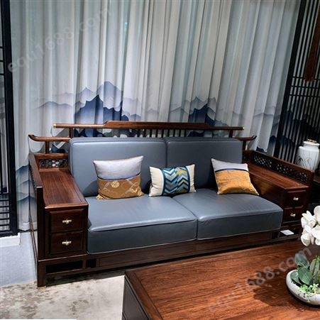 黑胡桃木沙发组合新中式实木现代禅意别墅客厅乌金木真皮沙发家具