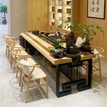 新中式流水茶桌 大气茶叶店会客实木泡茶桌 家用接待茶桌椅组合