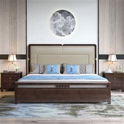 天津新中式实木床 框架结构南康工厂直销 软包靠背家用主卧1.8米1.5双人床设计